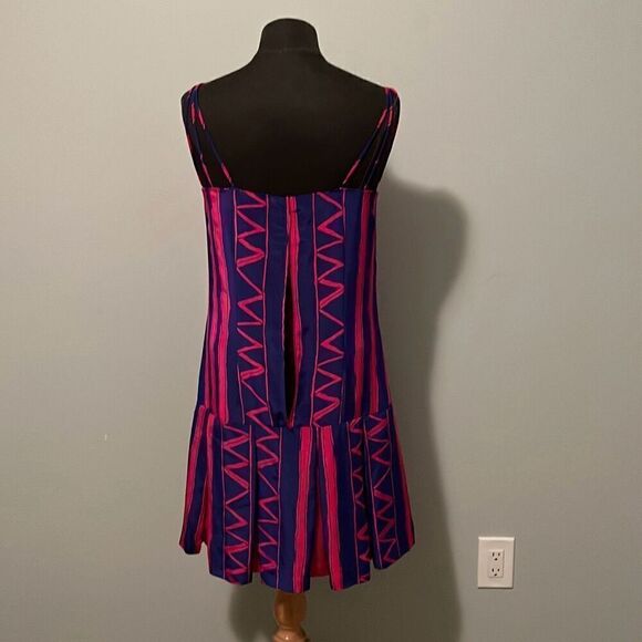 Vintage Women's Pink & Blue Striped Zigzag Spaghetti Strap Pleated Dress - Picture 8 of 9